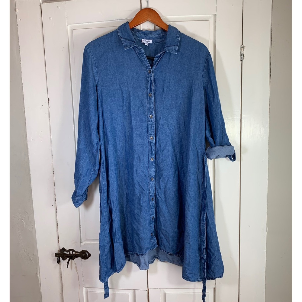 Splendid Denim Chambray Tunic Shirt Dress Tie Waist Long Sleeve Blue Medium